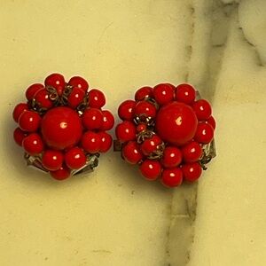Vintage Red Beaded Clip On Earrings